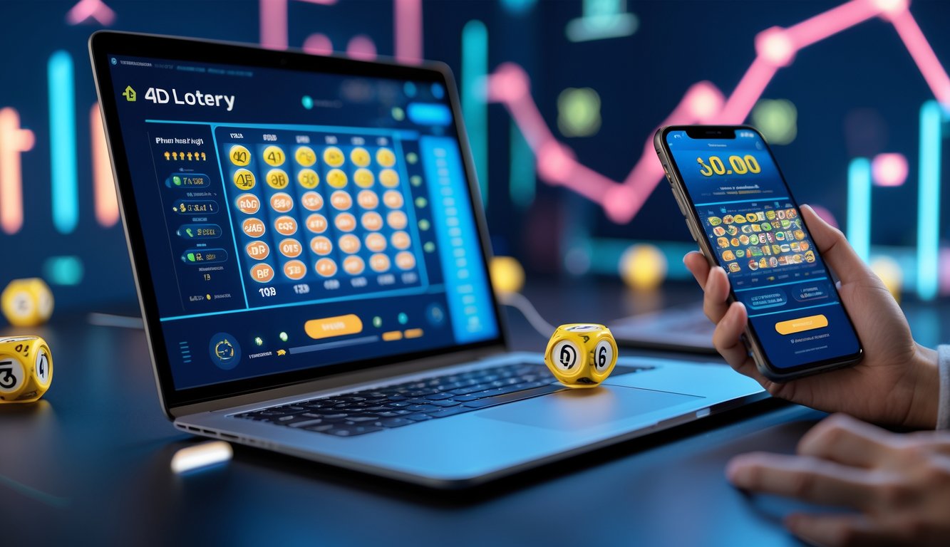 Seseorang menggunakan laptop dan ponsel untuk bermain togel online dengan tampilan angka dan grafik di layar.