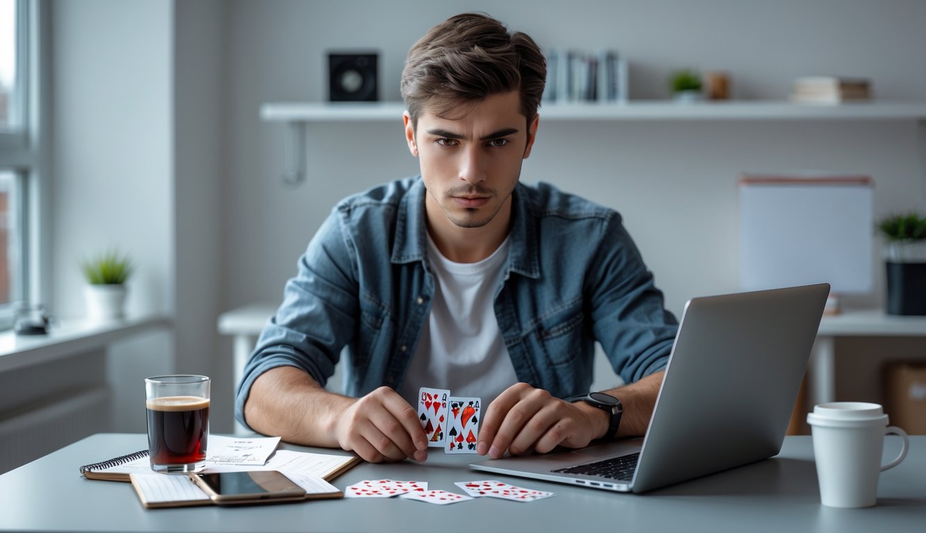 Seorang pria muda fokus bermain permainan kartu online di laptop di meja kerja yang rapi.