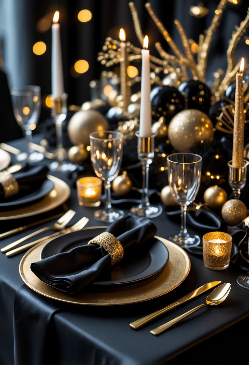 A beautifully set New Year table with black and gold decorations, candles, plates, and glassware arranged for a festive celebration.
