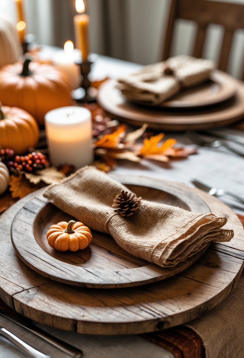 Thanksgiving dinner table with wooden charger plates and burlap napkins, decorated with pumpkins and autumn leaves.
