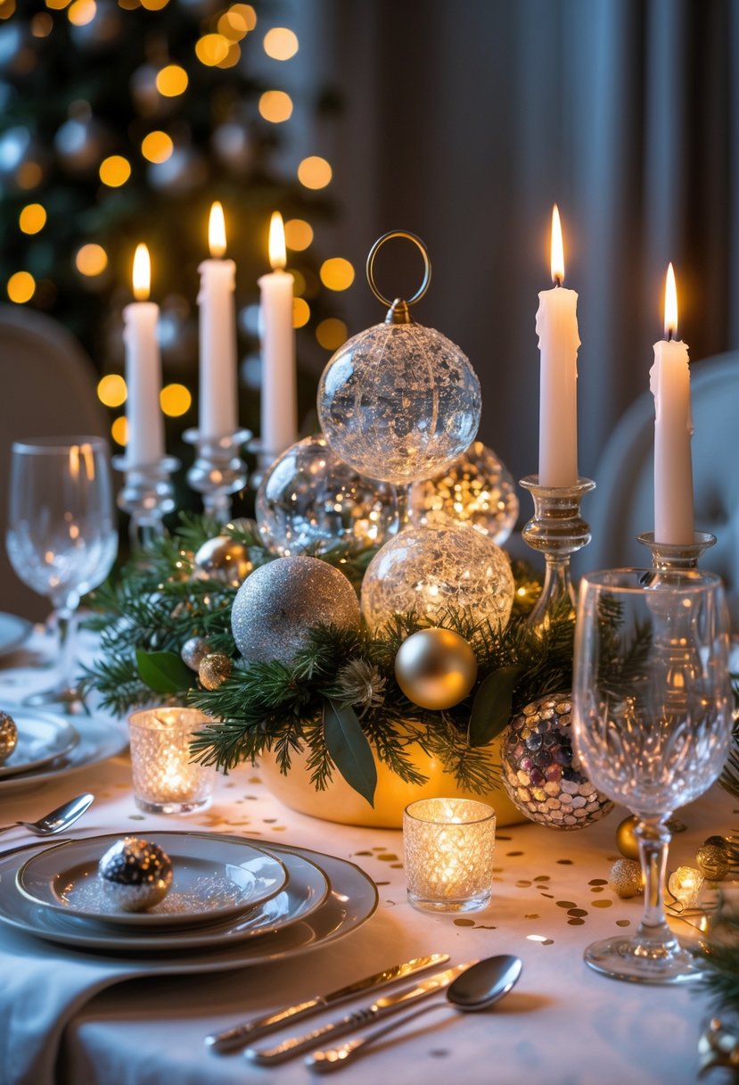 A New Year table set with a sparkling centerpiece surrounded by lit candles, fine china, and festive decorations.
