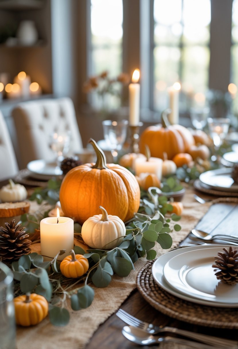 Thanksgiving dinner table with mini pumpkins and eucalyptus sprigs as centerpieces surrounded by autumn decorations.