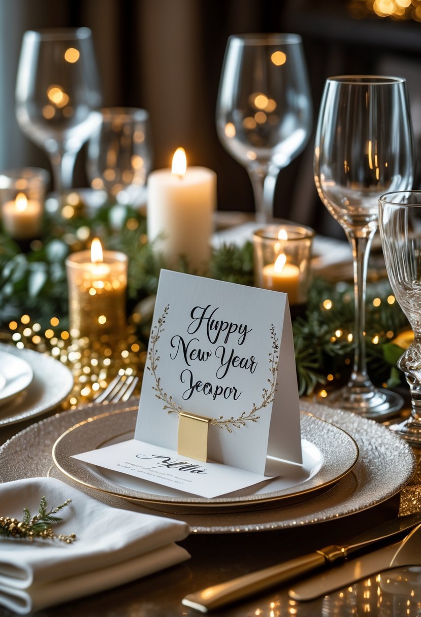 A festive New Year dining table with personalized place cards, elegant tableware, candles, and seasonal decorations.