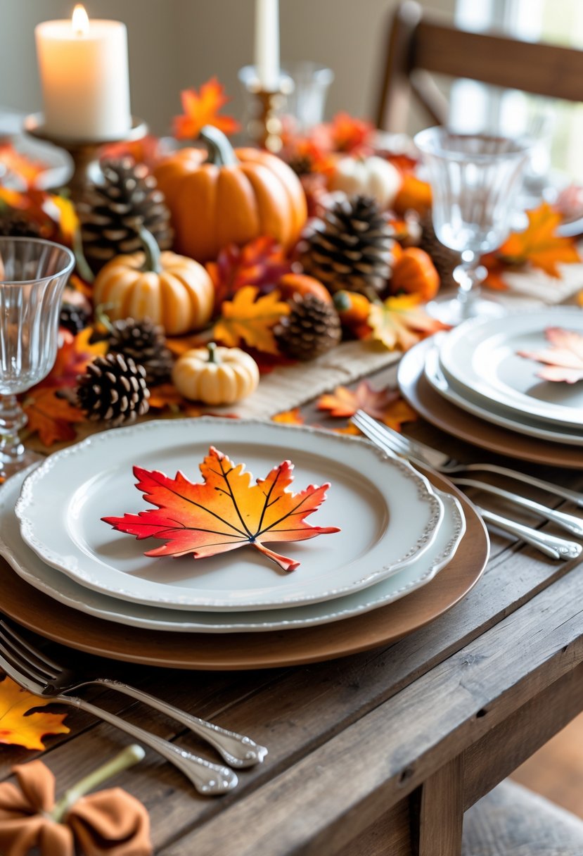 Thanksgiving dinner table with hand-painted autumn leaf place cards, decorated with pumpkins, pine cones, and colorful fall leaves.