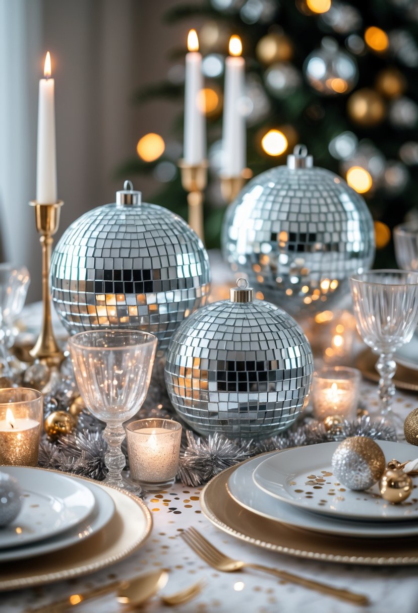 A New Year table setting with mirrored disco ball ornaments, candles, glassware, and festive decorations on a white tablecloth.
