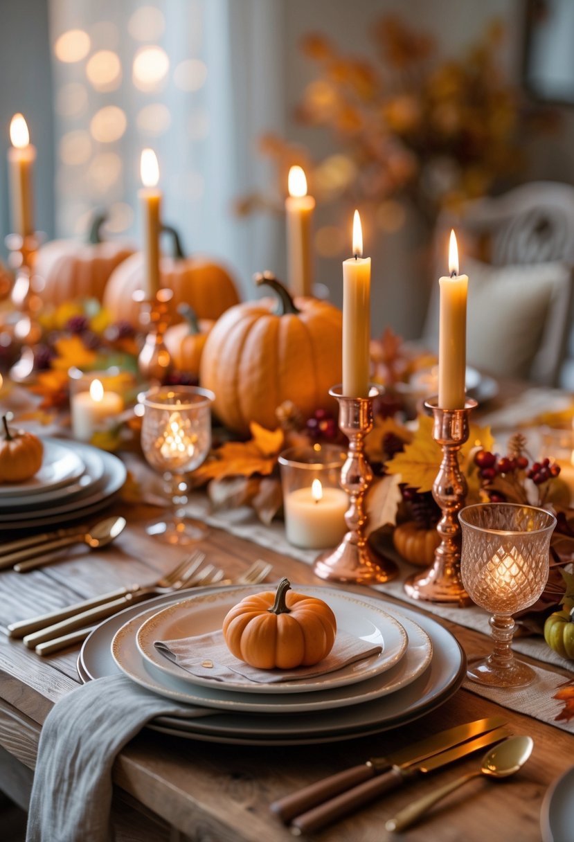 A Thanksgiving dinner table set with copper candle holders emitting warm light, surrounded by autumn decorations and place settings.
