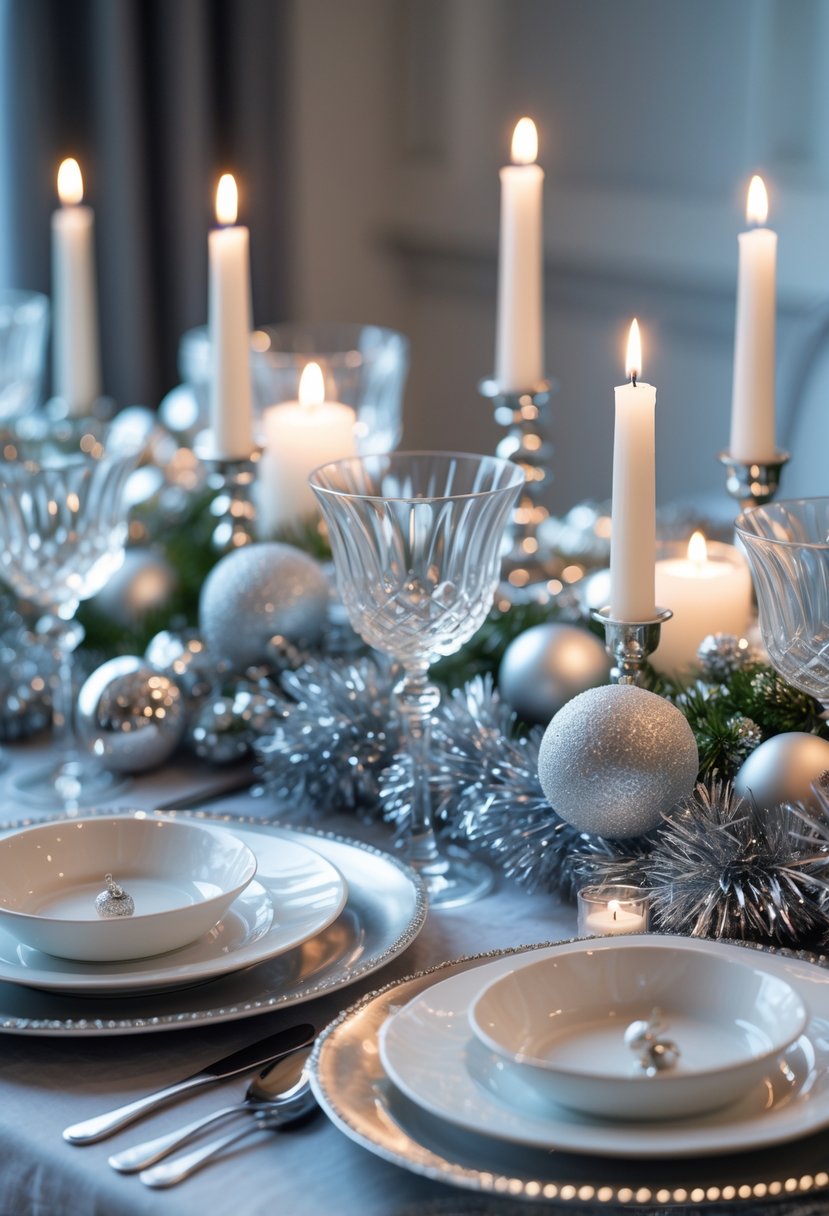 A festive New Year table setting decorated with silver tinsel, white plates, crystal glasses, candles, and silver ornaments.