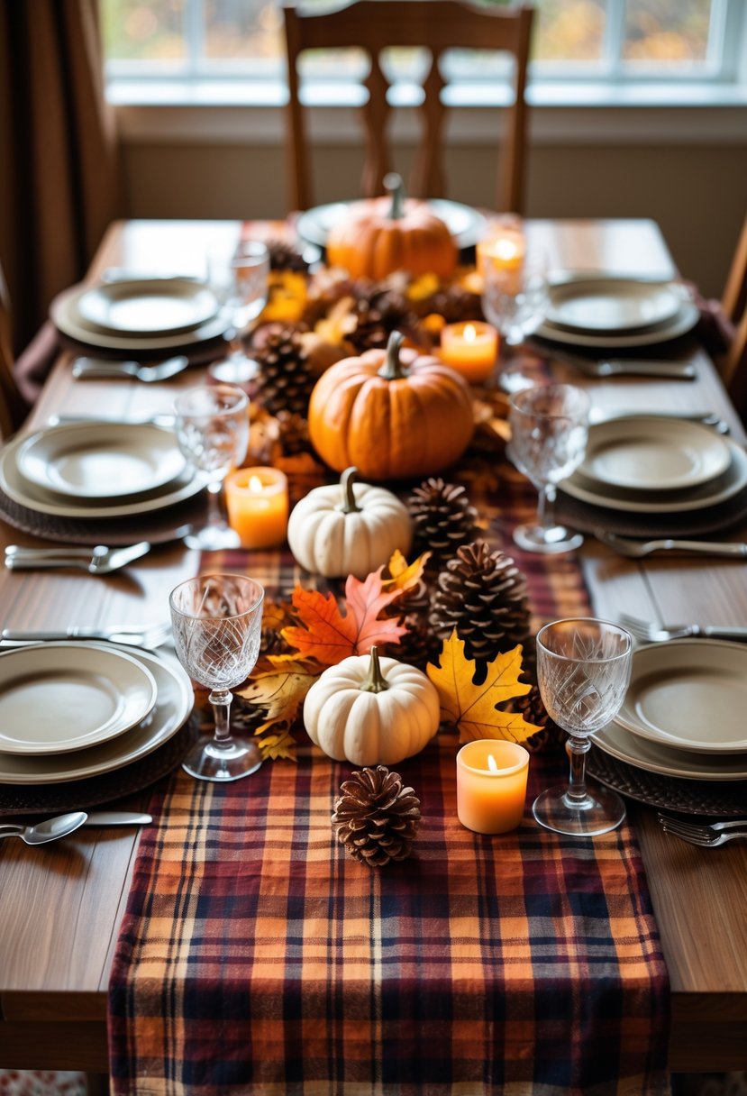A Thanksgiving dinner table set with plaid flannel table runners in fall colors, decorated with pumpkins, leaves, candles, plates, and silverware.