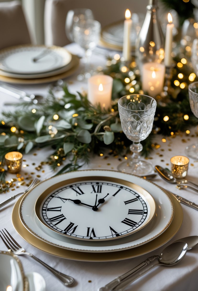 A New Year table set with clock-themed plates, candles, glassware, and festive decorations arranged for a celebration.