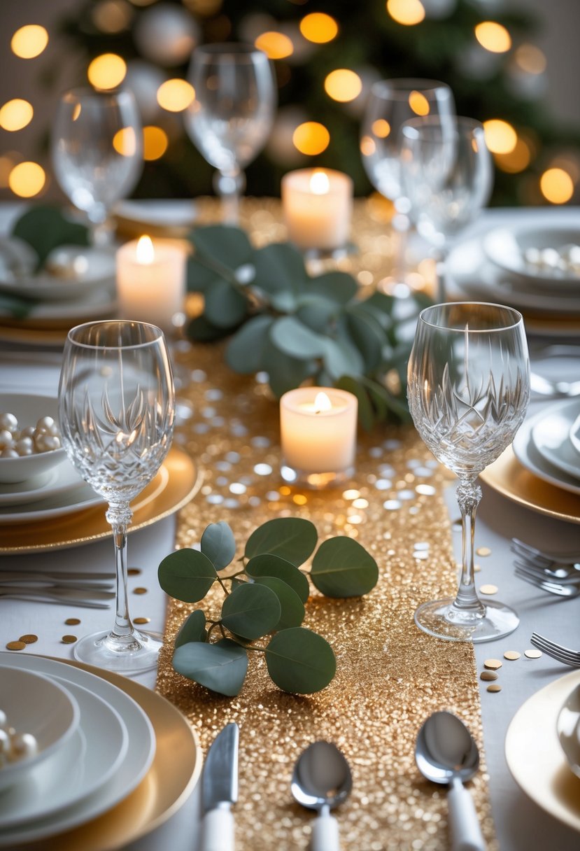 A festive table set for New Year with a gold glitter table runner, white and gold dishes, crystal glasses, candles, and decorative greenery.