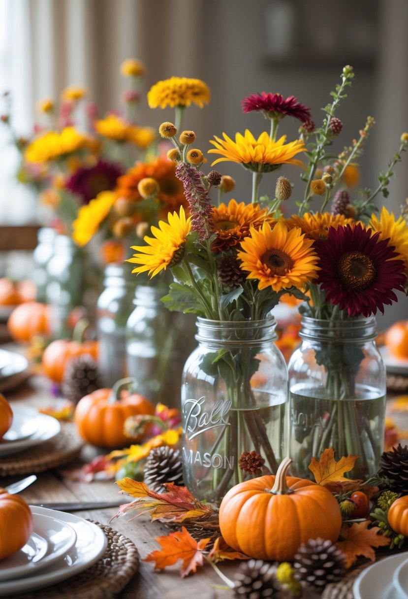 A Thanksgiving dinner table with mason jars filled with seasonal wildflowers and autumn decorations.