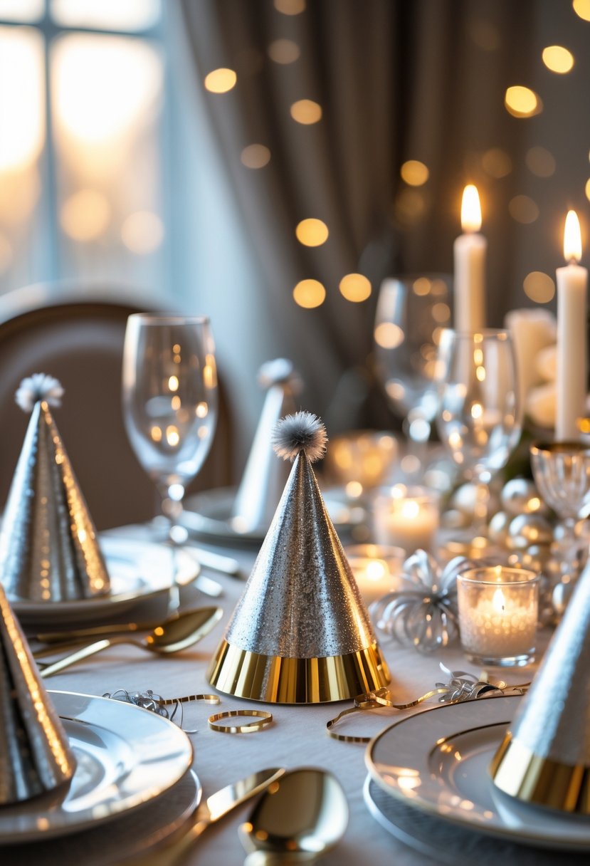 A New Year table setting with small metallic party hats, elegant dinnerware, glassware, and festive decorations.