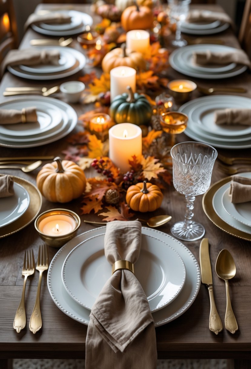 A Thanksgiving dinner table set with vintage brass flatware, white ceramic dishes, autumn decorations, and candles.