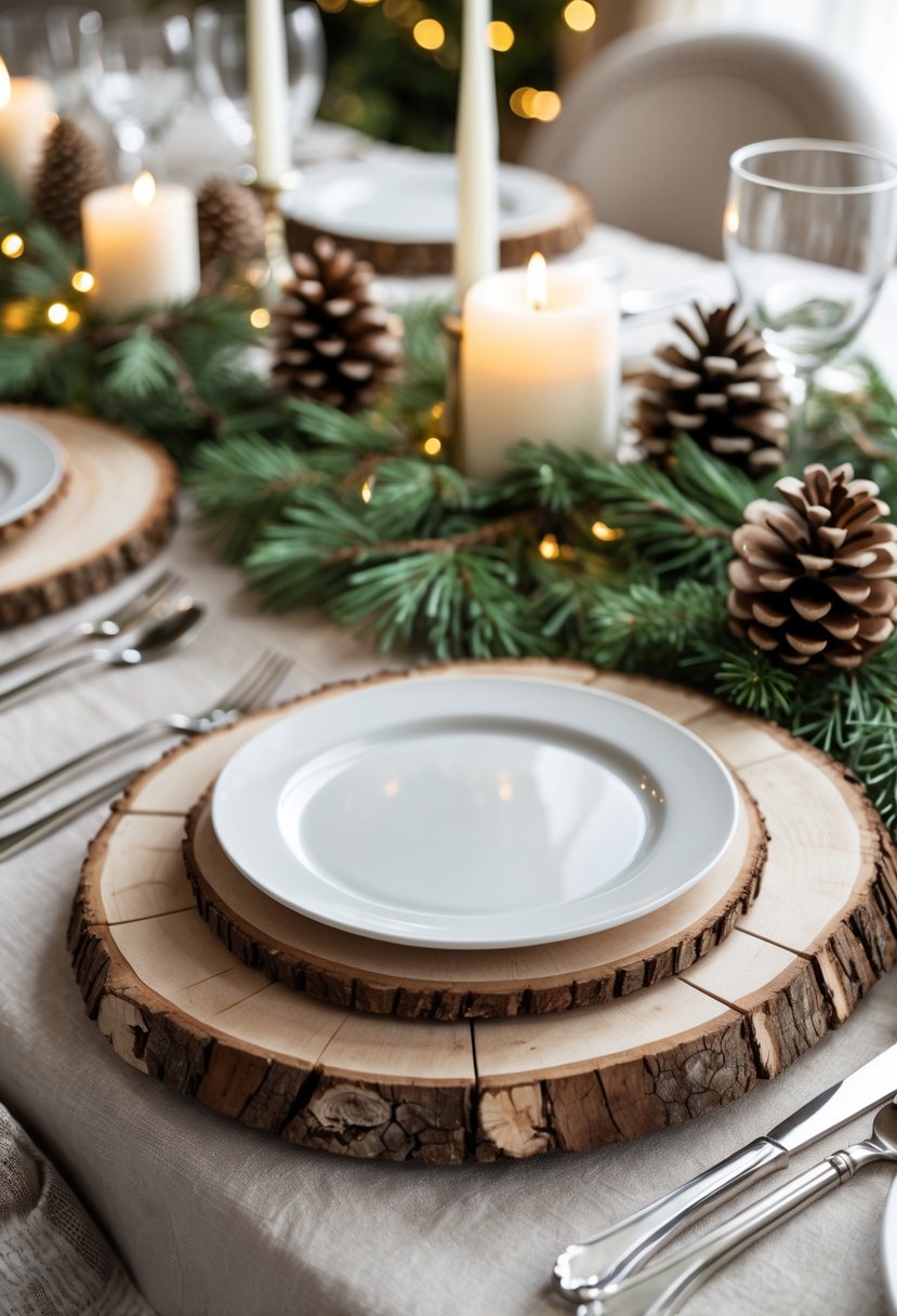 A New Year table setting with rustic wood slice chargers, white plates, silver cutlery, candles, pinecones, and evergreen sprigs on a decorated table.