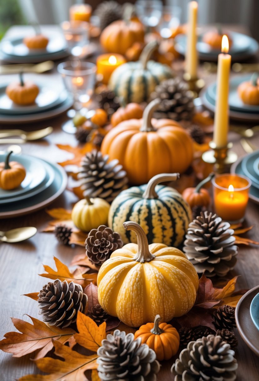 Thanksgiving dinner table decorated with gourds and pinecones scattered among fall leaves.