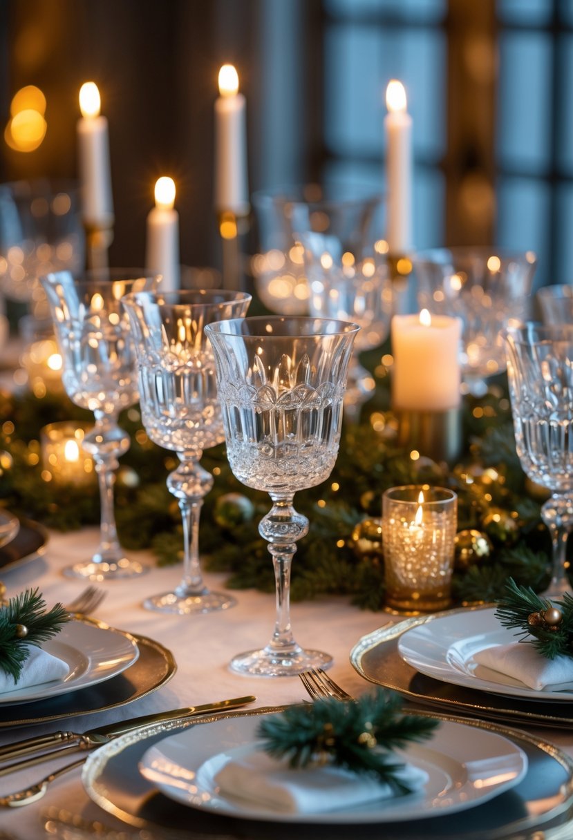 A festive New Year table setting with sparkling crystal glassware, candles, and elegant decorations.