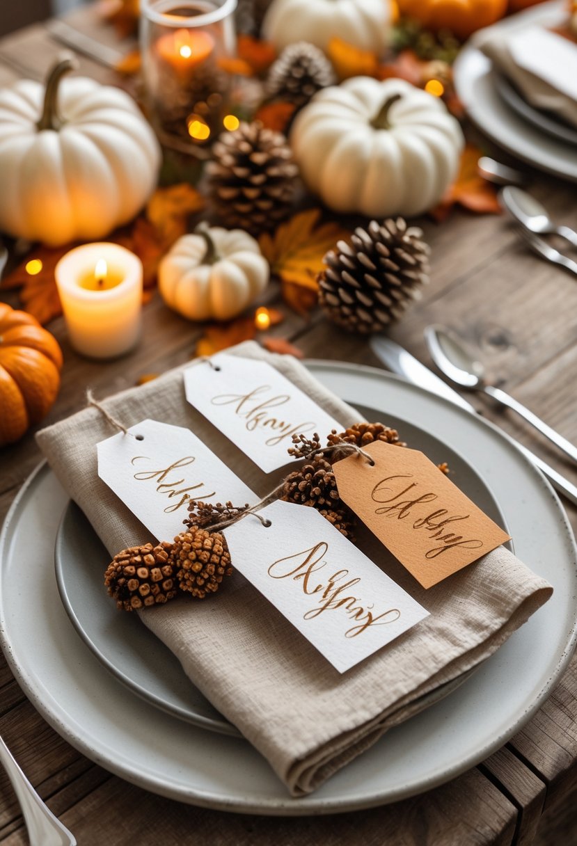 A Thanksgiving dinner table set with linen napkins and personalized calligraphy name tags, surrounded by autumn decorations and warm lighting.