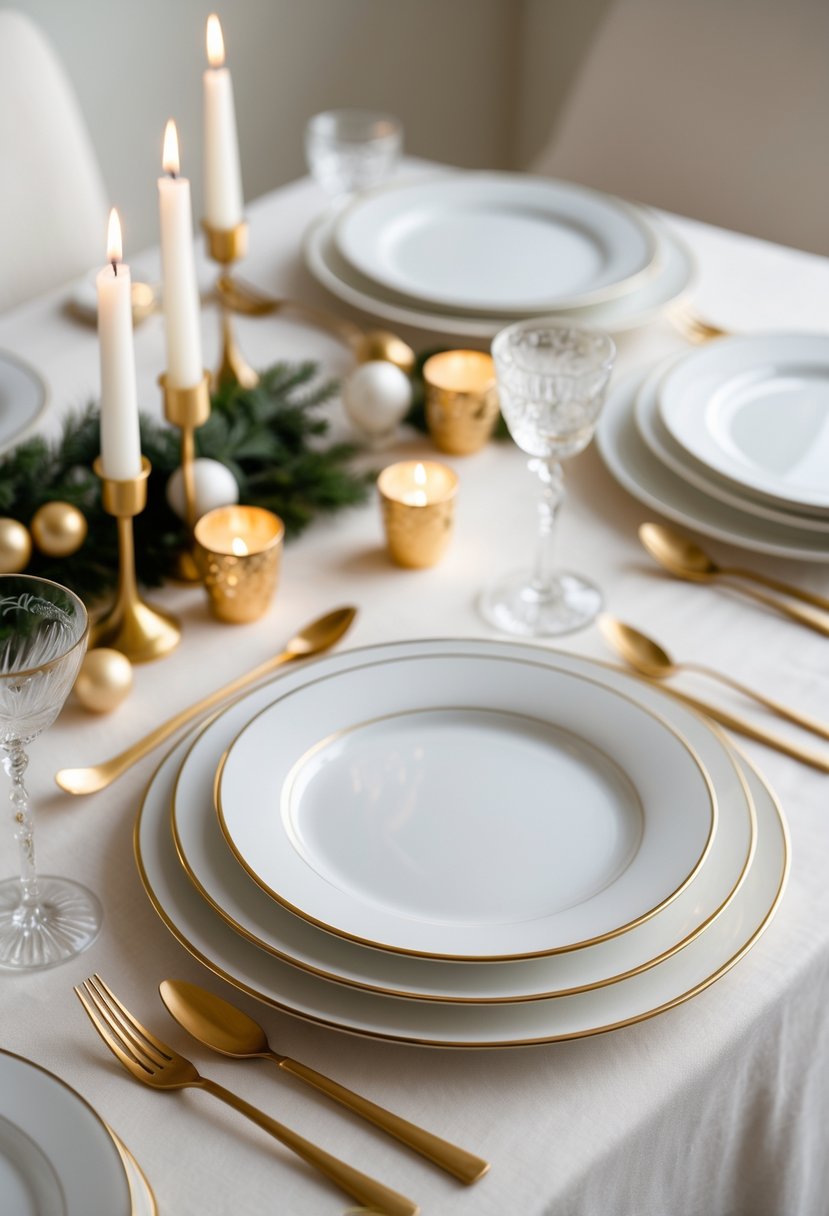 A New Year table set with white plates, gold cutlery, glassware, candles, and small festive decorations on a clean table.