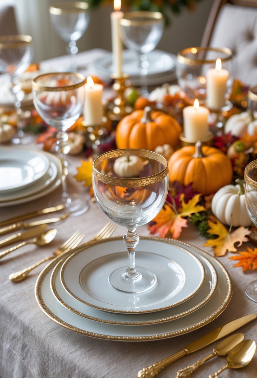 Thanksgiving dinner table set with gold-accented glassware, plates, silverware, and autumn decorations including pumpkins and candles.