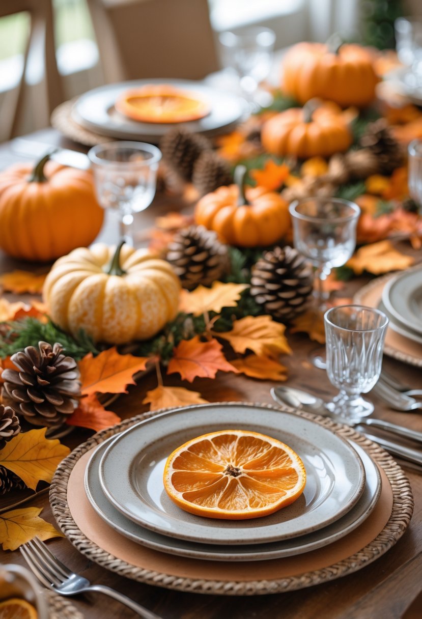 Thanksgiving dinner table decorated with dried orange slice garlands and autumn-themed decorations.