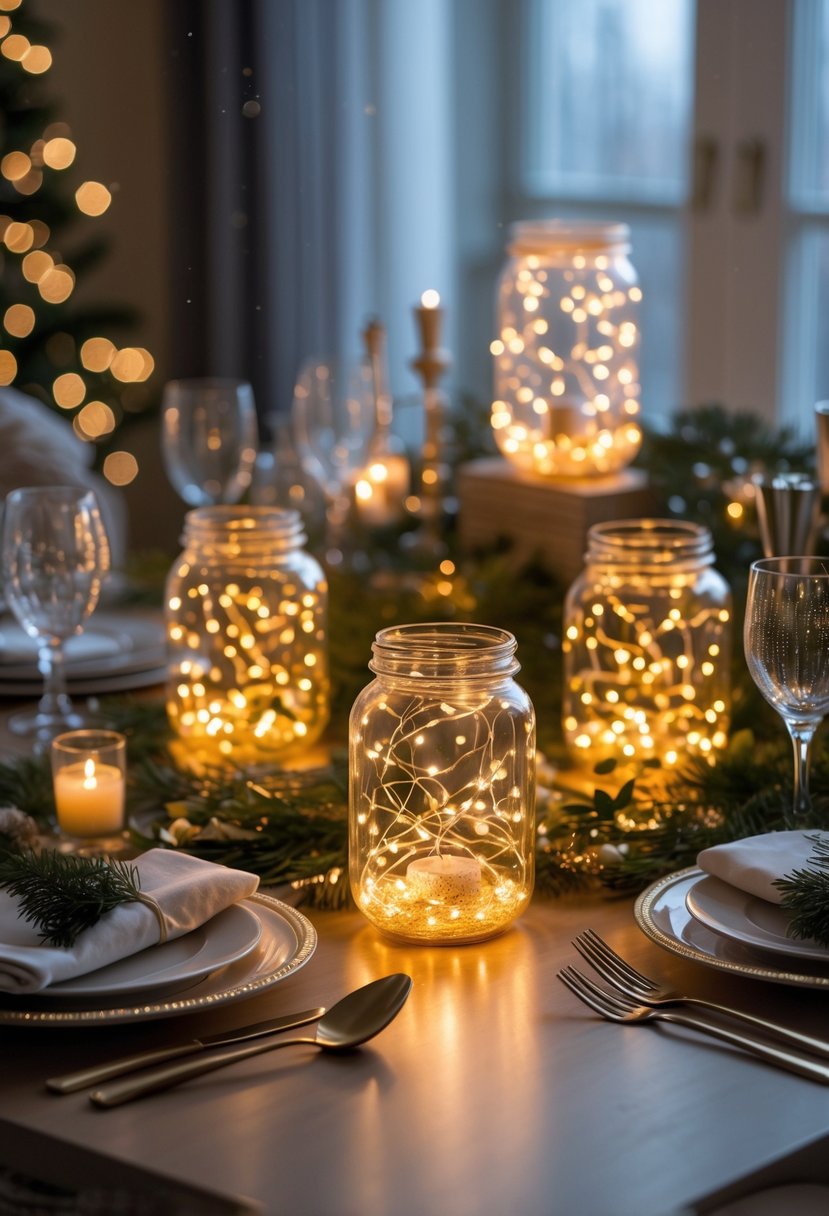 A New Year dining table decorated with glowing fairy light jars, plates, glassware, candles, and festive decorations.