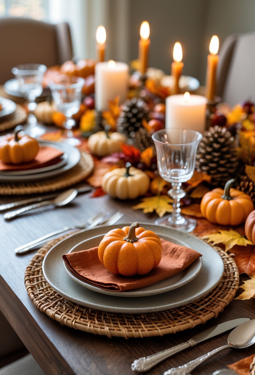 Thanksgiving dinner table set with woven rattan placemats, plates, silverware, glassware, and seasonal decorations including pumpkins and candles.