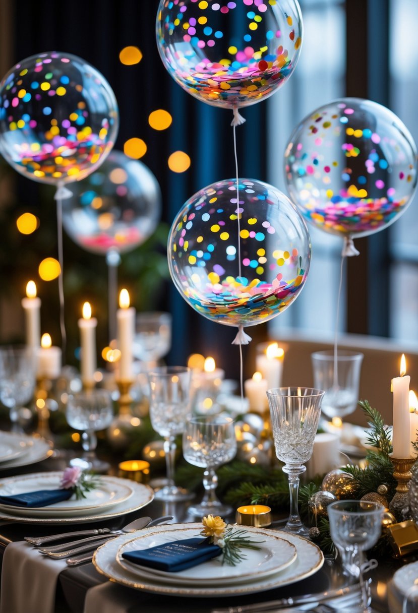 A New Year table set with clear confetti-filled balloons floating above elegant dinnerware and festive decorations.