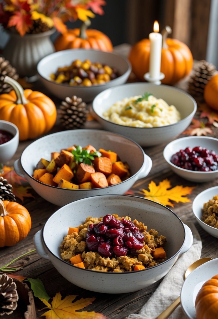 A Thanksgiving dinner table with ceramic serving bowls filled with traditional autumn dishes and decorated with pumpkins, fall leaves, and candles.