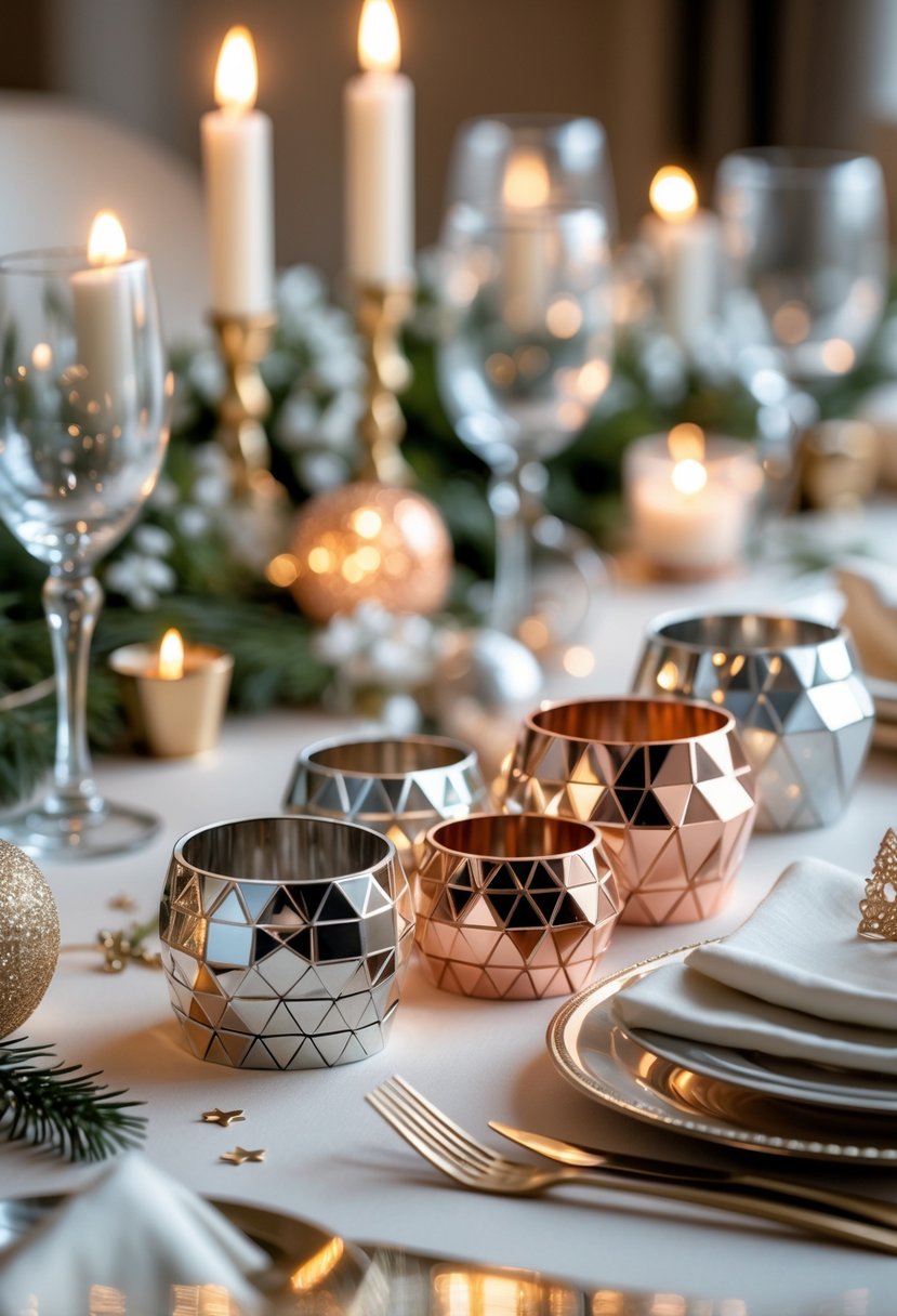 A dining table set for New Year with 15 metallic geometric napkin rings holding folded napkins, surrounded by candles, glassware, and festive decorations.