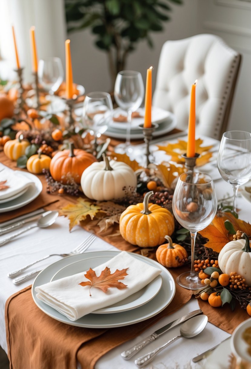 A Thanksgiving dinner table set with a white tablecloth and burnt orange overlay, decorated with pumpkins, fall leaves, plates, glasses, and silverware.