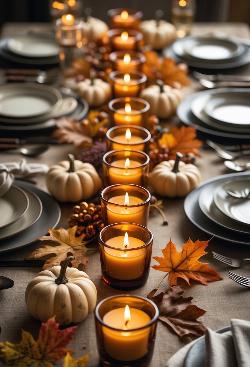 A Thanksgiving dinner table with lit amber glass votive candles clustered in the center, surrounded by autumn decorations and place settings.