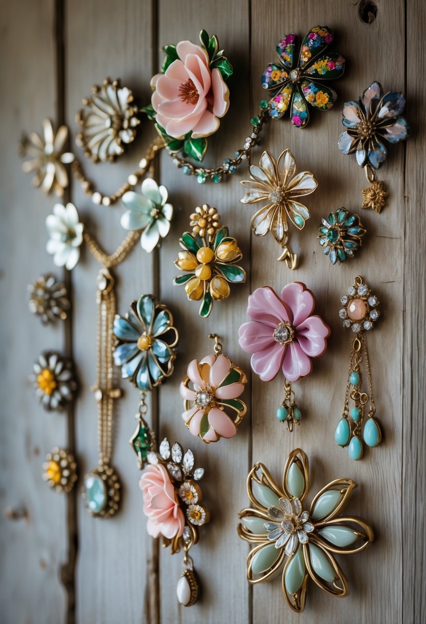 A collection of vintage floral jewelry pieces arranged artistically on a wooden wall, showcasing broken and repurposed jewelry crafted into decorative floral designs.