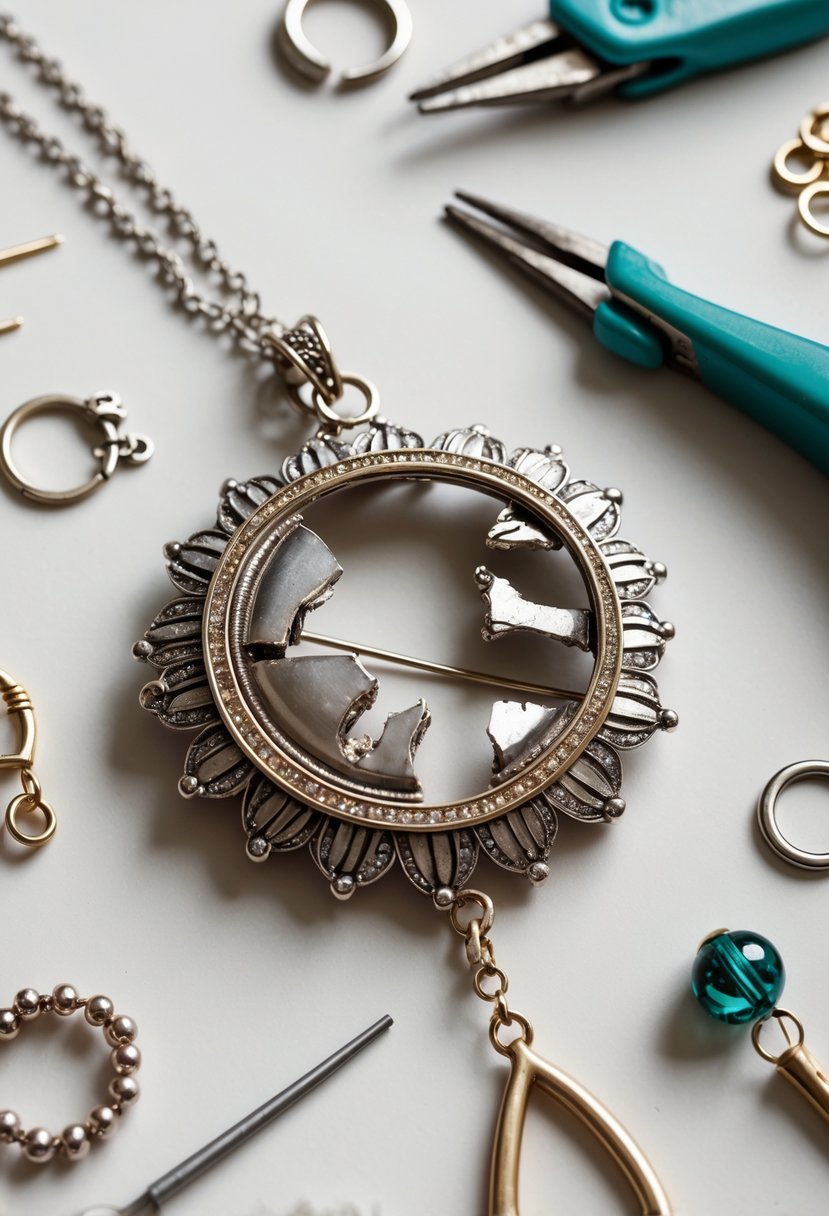 Close-up of a broken brooch pendant necklace with jewelry tools and craft materials arranged around it on a neutral background.