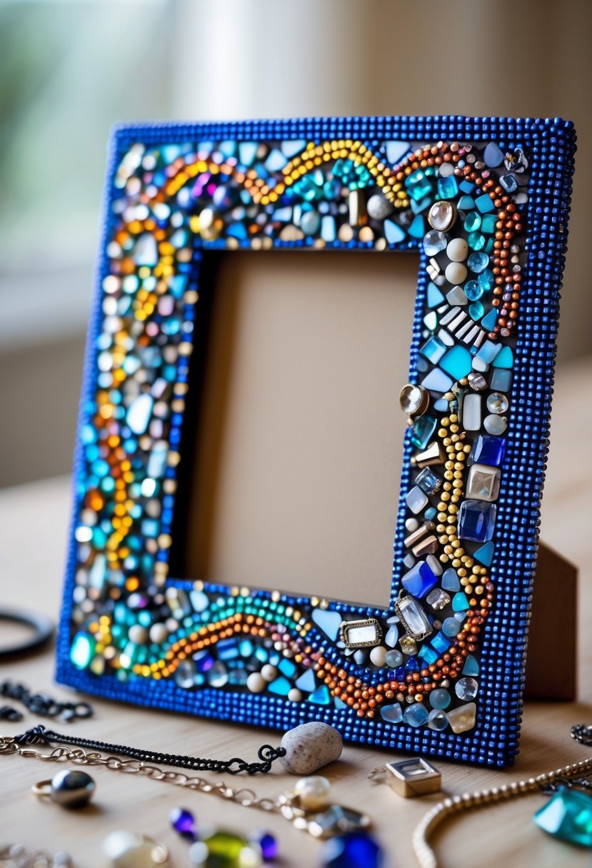A mosaic picture frame decorated with colorful jewelry beads surrounded by broken jewelry pieces.