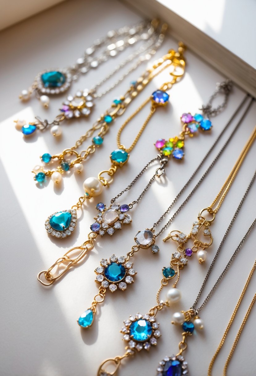 Several bejeweled bookmarks made from chains and broken jewelry pieces arranged on a plain surface.