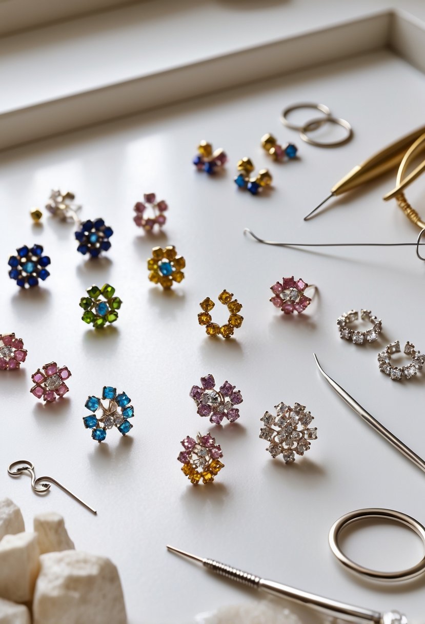 A workspace with broken earring studs and cluster rings arranged for a jewelry upcycling craft project, along with small tools.