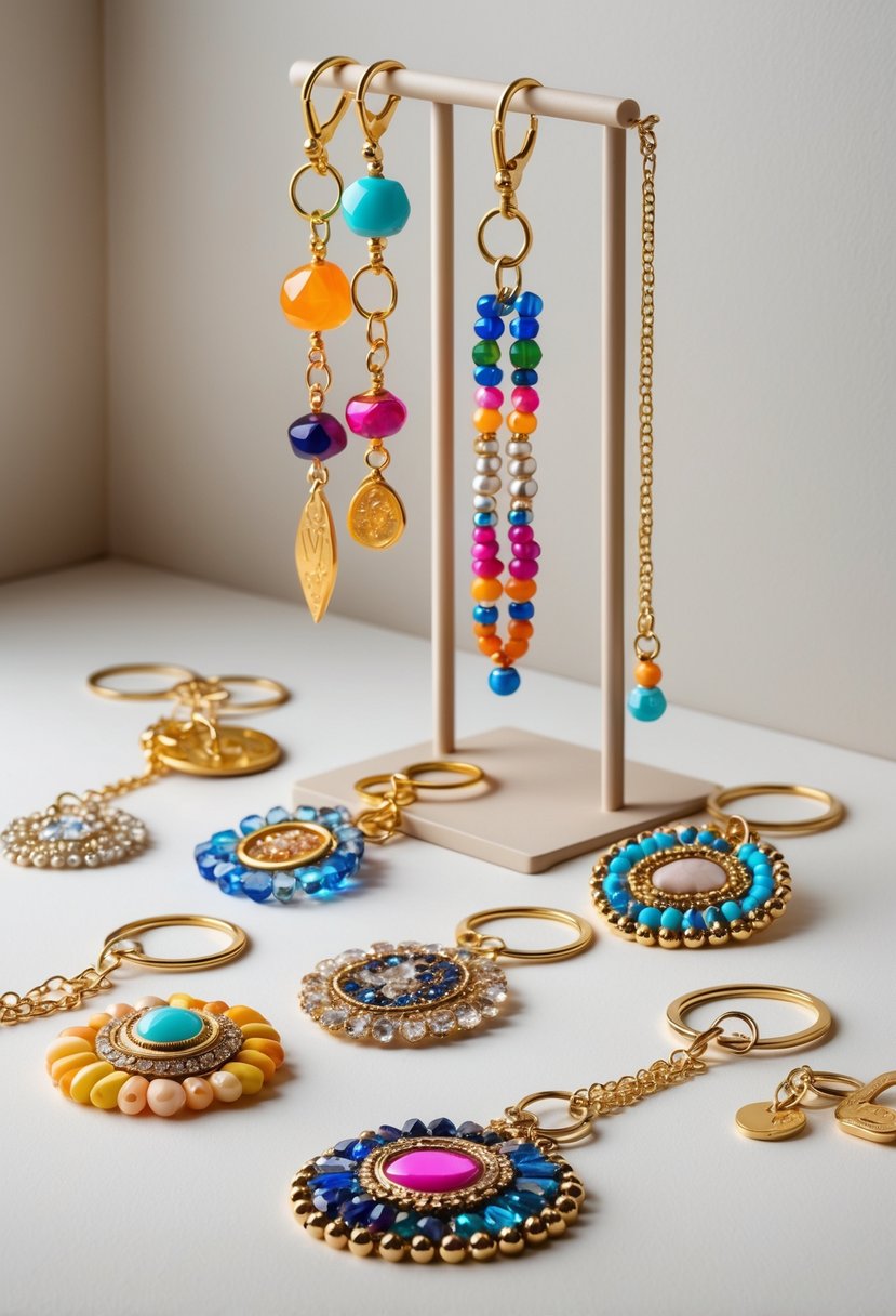 A collection of layered keychains made from repurposed broken jewelry pieces arranged on a neutral surface.