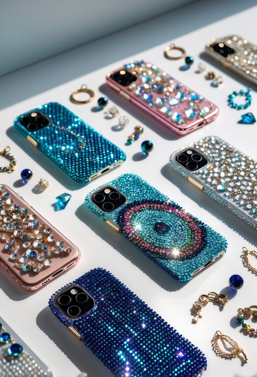 A collection of rhinestone-decorated phone cases displayed with broken jewelry pieces on a clean surface.