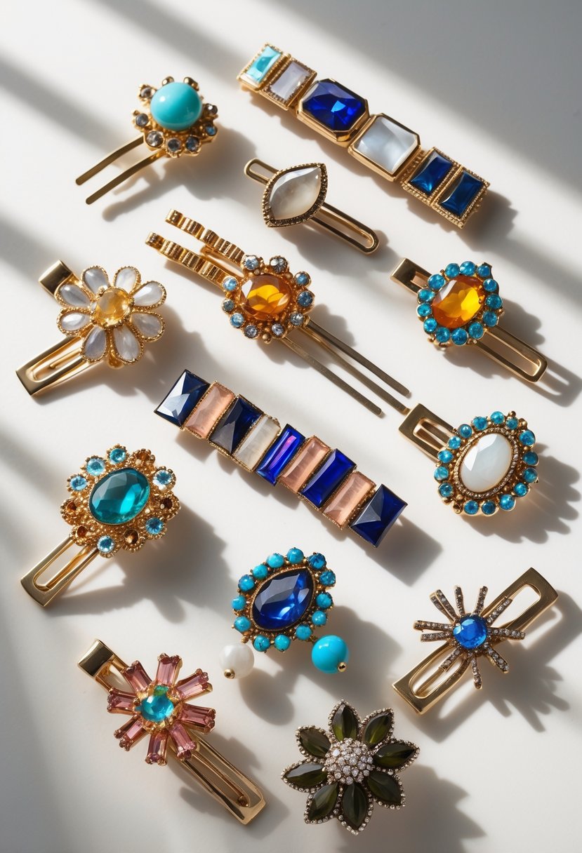 A collection of hairpins made from upcycled broken jewelry pieces arranged on a neutral surface.