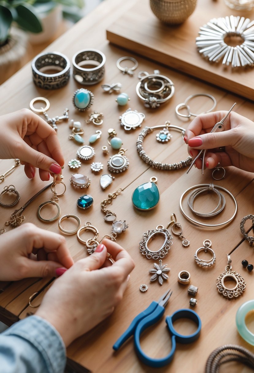 Hands repurposing broken bracelet charms into new jewelry pieces on a wooden craft table with tools and beads.