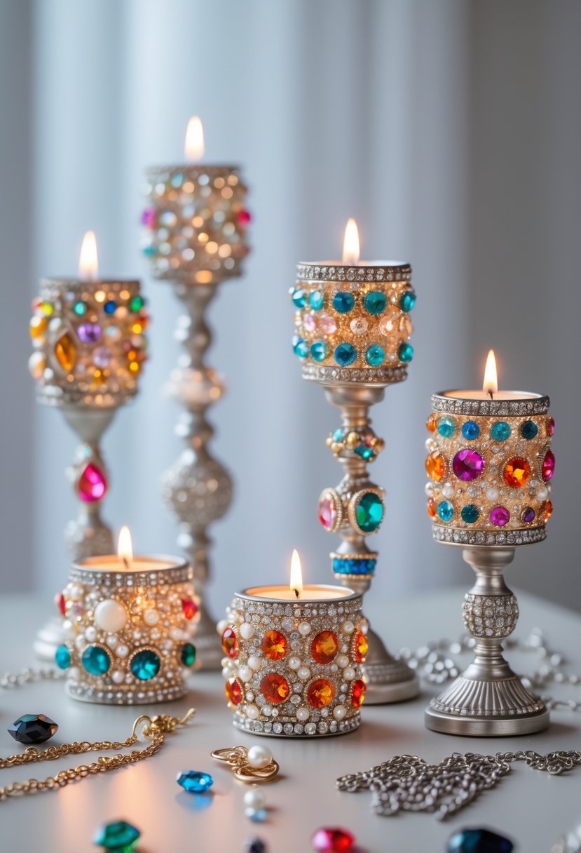 A group of candle holders decorated with sparkling jewelry pieces surrounded by broken jewelry parts on a neutral surface.