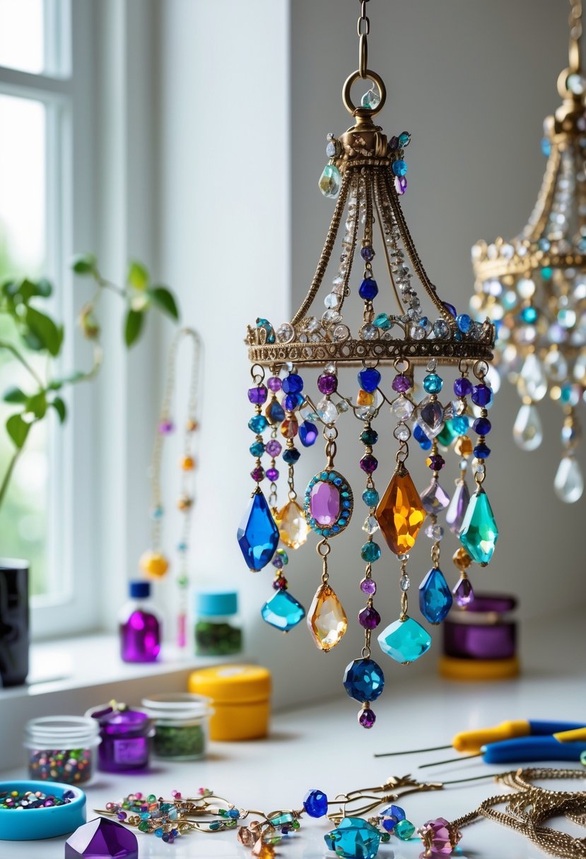A workspace with pendant chandelier decorations made from colorful broken jewelry pieces and crafting tools arranged neatly.