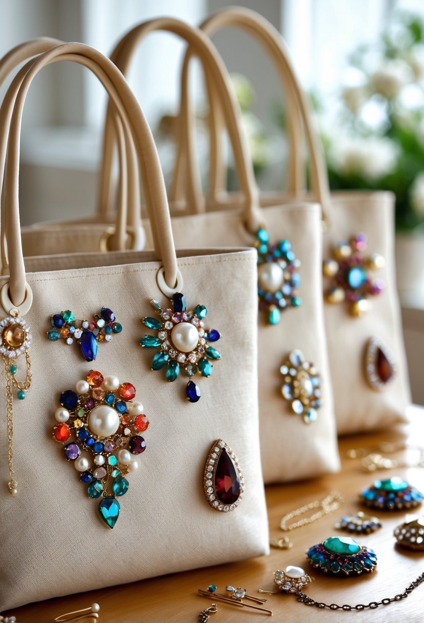 Several tote bags decorated with brooches made from broken jewelry pieces displayed on a wooden table with crafting materials around them.