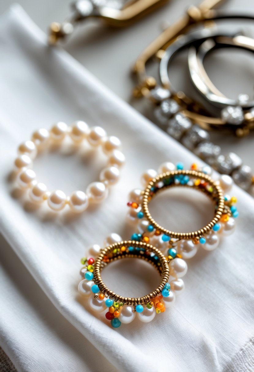 Close-up of pearl and bead napkin rings arranged on a white tablecloth with crafting materials in the background.