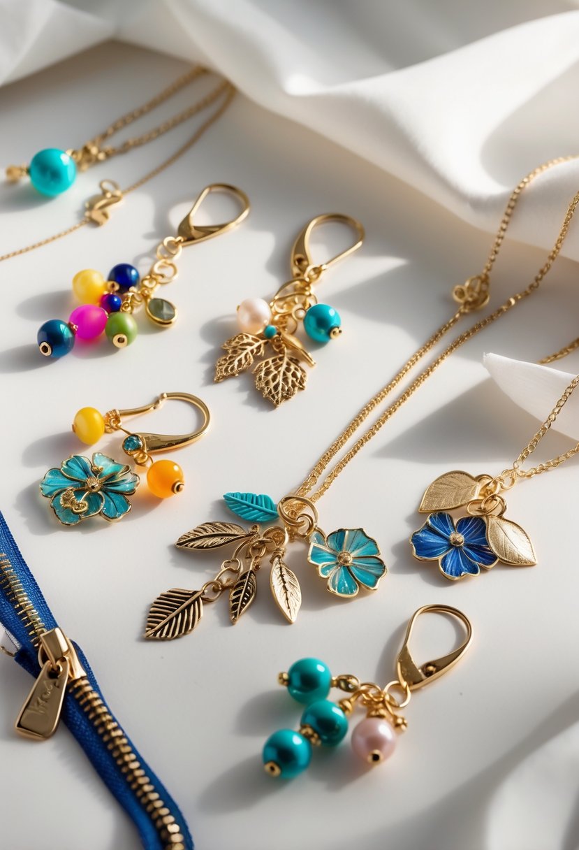 Close-up of zipper pulls repurposed as various jewelry pieces like earrings and pendants arranged on a neutral surface.