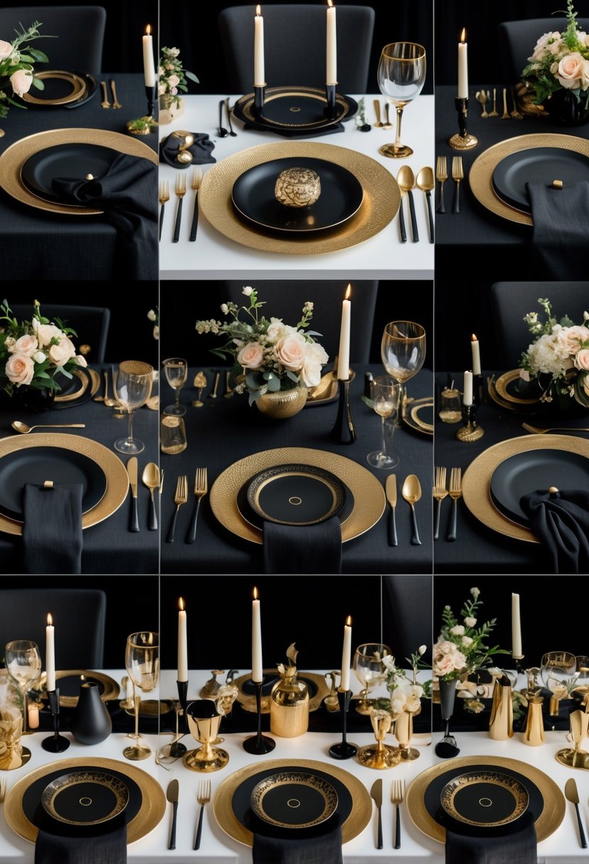A collection of 15 elegant dinner table settings arranged with black and gold plates, cutlery, glassware, napkins, candles, and floral centerpieces.