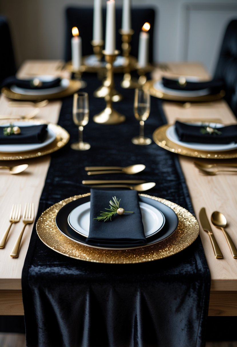 A dinner table set with a black velvet runner and gold sequin charger plates, featuring black and gold tableware arranged neatly.