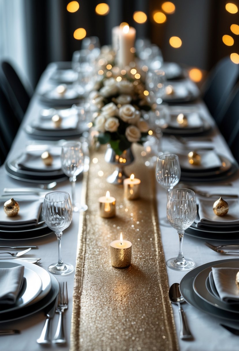 A New Year's Eve table set with gold and silver metallic table runners, dinnerware, glassware, candles, and floral decorations.