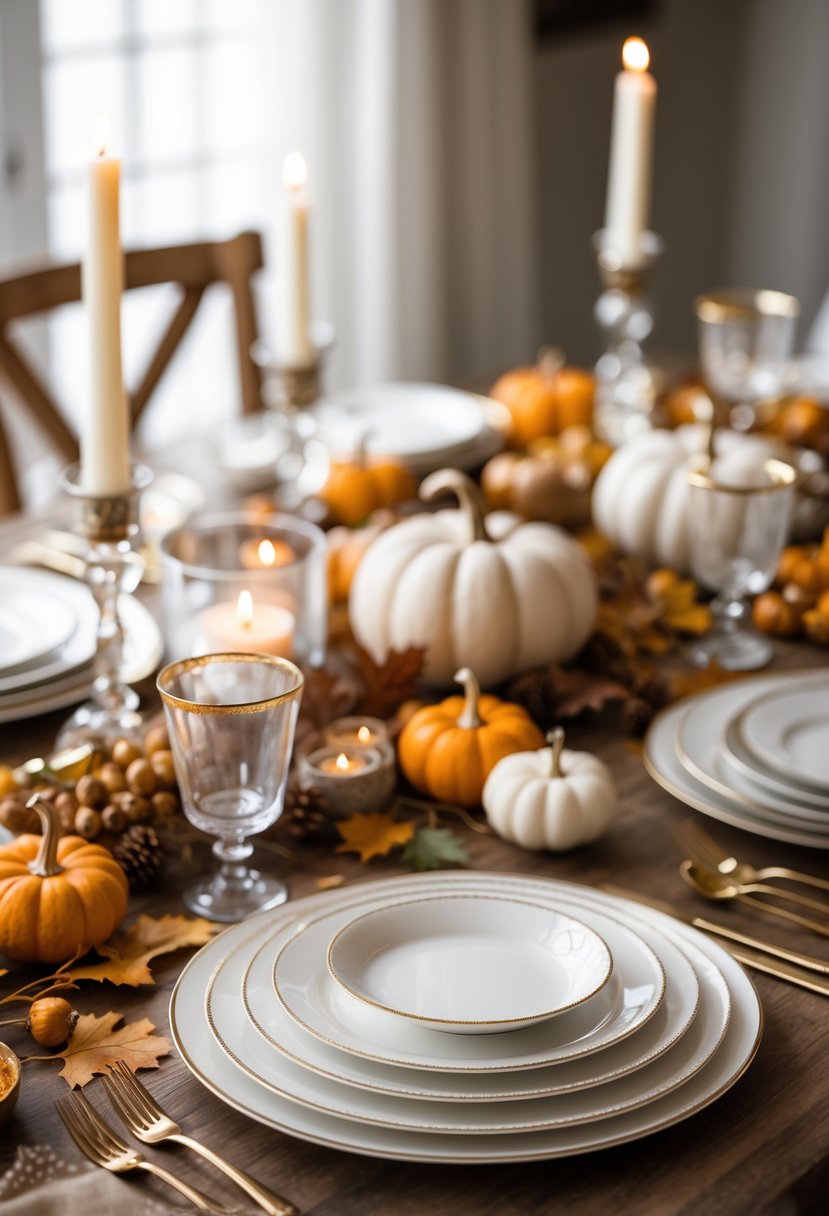 A beautifully set Friendsgiving table with white porcelain dinnerware trimmed in gold, decorated with autumn-themed accents and candles.