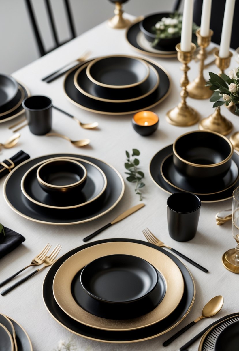 A dinner table set with black ceramic plates featuring gold rims, accompanied by matching black and gold cutlery, glassware, and decorative elements.